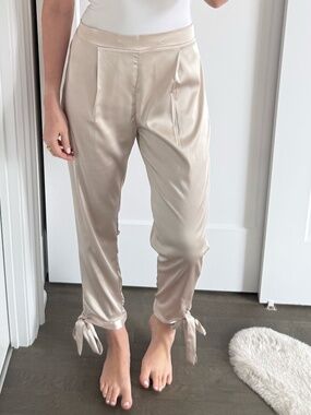 Silky Satin Tie Hem Pants Size M Elastic Waist Cream Luxurious Lounge Pant